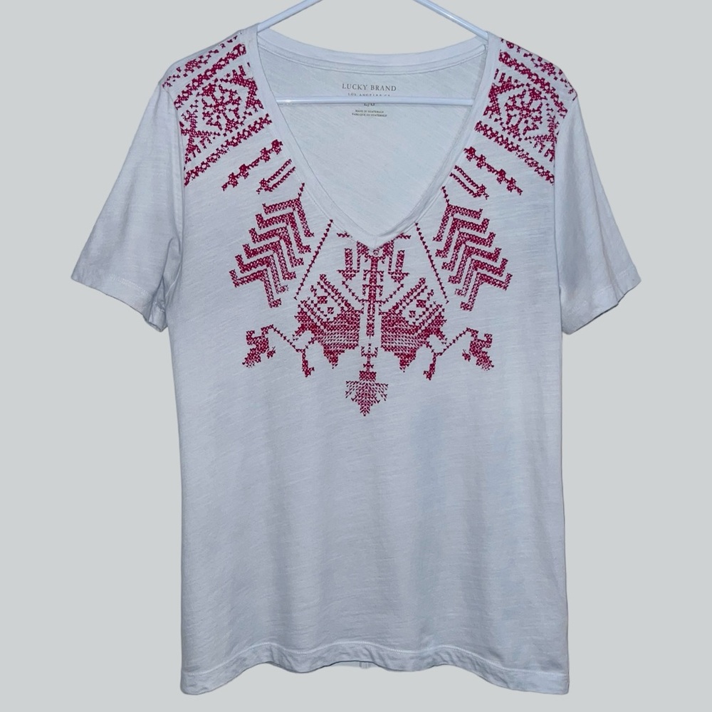 Lucky Brand White Embroidered Print Short Sleeve Tee